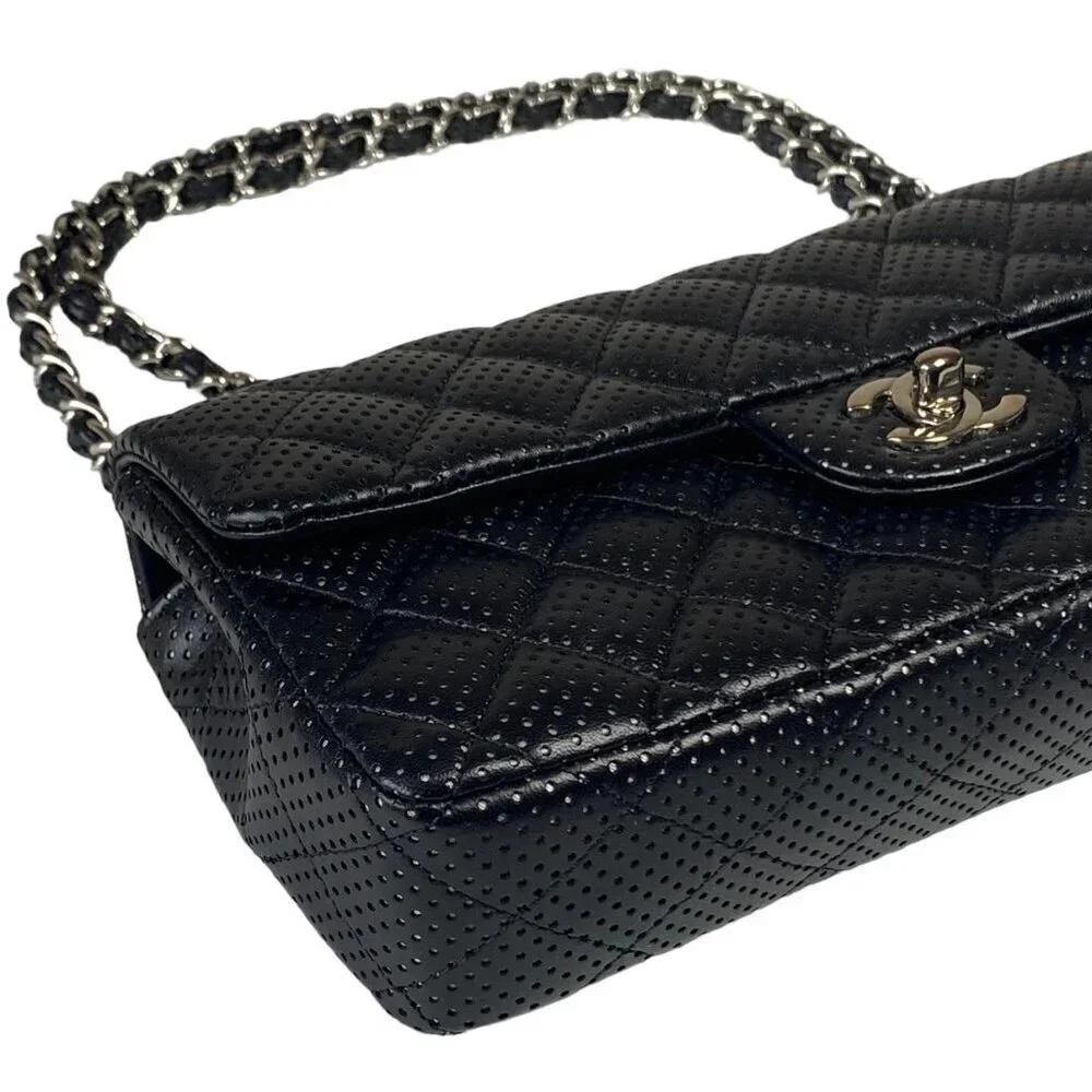 Chanel East West Classic Shoulder Flap Bag Quilted Black Perforated Leather